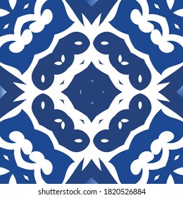 Ornamental azulejo portugal tiles decor. Vector seamless pattern collage. Graphic design. Blue gorgeous flower folk print for linens, smartphone cases, scrapbooking, bags or T-shirts.