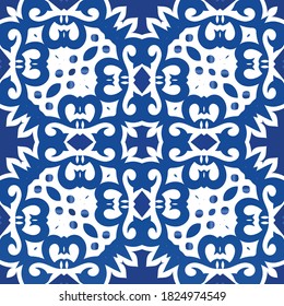 Ornamental azulejo portugal tiles decor. Universal design. Vector seamless pattern elements. Blue gorgeous flower folk print for linens, smartphone cases, scrapbooking, bags or T-shirts.
