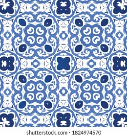 Ornamental azulejo portugal tiles decor. Fashionable design. Vector seamless pattern trellis. Blue gorgeous flower folk print for linens, smartphone cases, scrapbooking, bags or T-shirts.