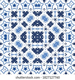 Ornamental azulejo portugal tiles decor. Vector seamless pattern flyer. Fashionable design. Blue gorgeous flower folk print for linens, smartphone cases, scrapbooking, bags or T-shirts.