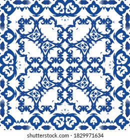 Ornamental azulejo portugal tiles decor. Fashionable design. Vector seamless pattern trellis. Blue gorgeous flower folk print for linens, smartphone cases, scrapbooking, bags or T-shirts.