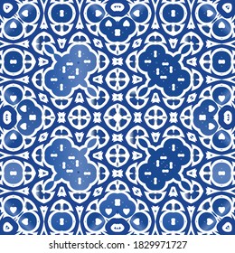 Ornamental azulejo portugal tiles decor. Vector seamless pattern template. Stylish design. Blue gorgeous flower folk print for linens, smartphone cases, scrapbooking, bags or T-shirts.