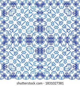 Ornamental azulejo portugal tiles decor. Vector seamless pattern texture. Fashionable design. Blue gorgeous flower folk print for linens, smartphone cases, scrapbooking, bags or T-shirts.