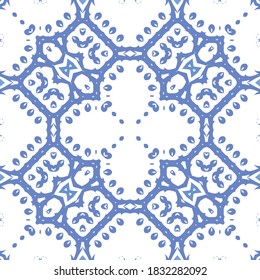 Ornamental azulejo portugal tiles decor. Fashionable design. Vector seamless pattern flyer. Blue gorgeous flower folk print for linens, smartphone cases, scrapbooking, bags or T-shirts.