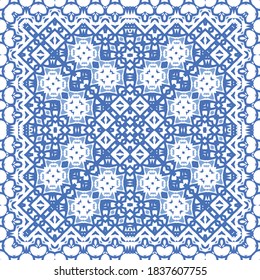 Ornamental azulejo portugal tiles decor. Vector seamless pattern concept. Universal design. Blue gorgeous flower folk print for linens, smartphone cases, scrapbooking, bags or T-shirts.