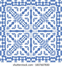 Ornamental azulejo portugal tiles decor. Vector seamless pattern concept. Universal design. Blue gorgeous flower folk print for linens, smartphone cases, scrapbooking, bags or T-shirts.