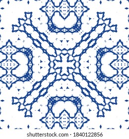 Ornamental azulejo portugal tiles decor. Vector seamless pattern concept. Universal design. Blue gorgeous flower folk print for linens, smartphone cases, scrapbooking, bags or T-shirts.