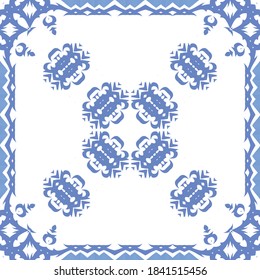 Ornamental azulejo portugal tiles decor. Fashionable design. Vector seamless pattern flyer. Blue gorgeous flower folk print for linens, smartphone cases, scrapbooking, bags or T-shirts.