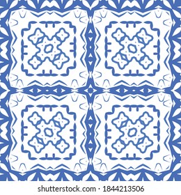 Ornamental azulejo portugal tiles decor. Vector seamless pattern concept. Bathroom design. Blue gorgeous flower folk print for linens, smartphone cases, scrapbooking, bags or T-shirts.