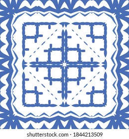 Ornamental azulejo portugal tiles decor. Vector seamless pattern concept. Bathroom design. Blue gorgeous flower folk print for linens, smartphone cases, scrapbooking, bags or T-shirts.