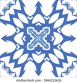 Ornamental azulejo portugal tiles decor. Vector seamless pattern concept. Universal design. Blue gorgeous flower folk print for linens, smartphone cases, scrapbooking, bags or T-shirts.