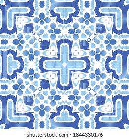 Ornamental azulejo portugal tiles decor. Vector seamless pattern watercolor. Kitchen design. Blue gorgeous flower folk print for linens, smartphone cases, scrapbooking, bags or T-shirts.