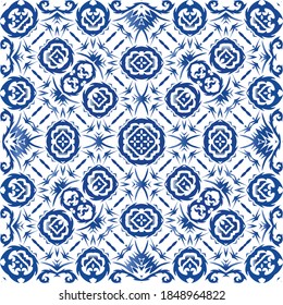 Ornamental azulejo portugal tiles decor. Universal design. Vector seamless pattern elements. Blue gorgeous flower folk print for linens, smartphone cases, scrapbooking, bags or T-shirts.