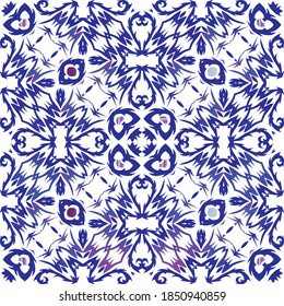 Ornamental azulejo portugal tiles decor. Vector seamless pattern concept. Bathroom design. Blue gorgeous flower folk print for linens, smartphone cases, scrapbooking, bags or T-shirts.