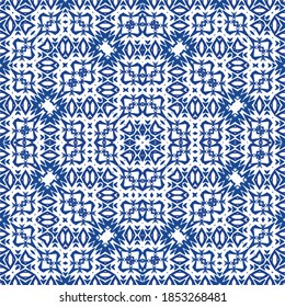 Ornamental azulejo portugal tiles decor. Vector seamless pattern concept. Universal design. Blue gorgeous flower folk print for linens, smartphone cases, scrapbooking, bags or T-shirts.