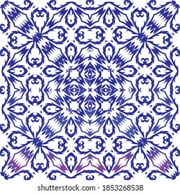 Ornamental azulejo portugal tiles decor. Vector seamless pattern concept. Bathroom design. Blue gorgeous flower folk print for linens, smartphone cases, scrapbooking, bags or T-shirts.