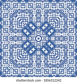 Ornamental azulejo portugal tiles decor. Vector seamless pattern concept. Universal design. Blue gorgeous flower folk print for linens, smartphone cases, scrapbooking, bags or T-shirts.