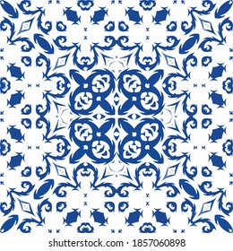 Ornamental azulejo portugal tiles decor. Universal design. Vector seamless pattern elements. Blue gorgeous flower folk print for linens, smartphone cases, scrapbooking, bags or T-shirts.