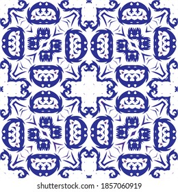 Ornamental azulejo portugal tiles decor. Vector seamless pattern texture. Fashionable design. Blue gorgeous flower folk print for linens, smartphone cases, scrapbooking, bags or T-shirts.