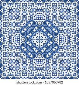 Ornamental azulejo portugal tiles decor. Vector seamless pattern concept. Universal design. Blue gorgeous flower folk print for linens, smartphone cases, scrapbooking, bags or T-shirts.