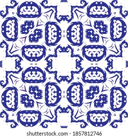 Ornamental azulejo portugal tiles decor. Vector seamless pattern texture. Fashionable design. Blue gorgeous flower folk print for linens, smartphone cases, scrapbooking, bags or T-shirts.