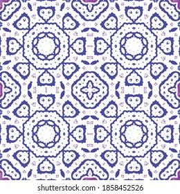 Ornamental azulejo portugal tiles decor. Colored design. Vector seamless pattern trellis. Blue gorgeous flower folk print for linens, smartphone cases, scrapbooking, bags or T-shirts.