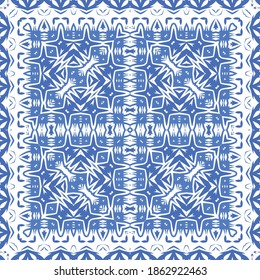 Ornamental azulejo portugal tiles decor. Vector seamless pattern concept. Bathroom design. Blue gorgeous flower folk print for linens, smartphone cases, scrapbooking, bags or T-shirts.