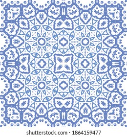 Ornamental azulejo portugal tiles decor. Fashionable design. Vector seamless pattern flyer. Blue gorgeous flower folk print for linens, smartphone cases, scrapbooking, bags or T-shirts.