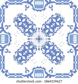 Ornamental azulejo portugal tiles decor. Fashionable design. Vector seamless pattern flyer. Blue gorgeous flower folk print for linens, smartphone cases, scrapbooking, bags or T-shirts.