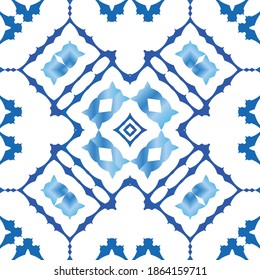 Ornamental azulejo portugal tiles decor. Colored design. Vector seamless pattern trellis. Blue gorgeous flower folk print for linens, smartphone cases, scrapbooking, bags or T-shirts.