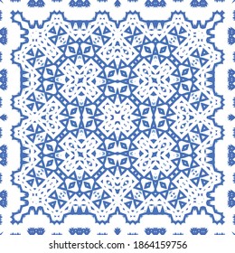 Ornamental azulejo portugal tiles decor. Vector seamless pattern concept. Universal design. Blue gorgeous flower folk print for linens, smartphone cases, scrapbooking, bags or T-shirts.