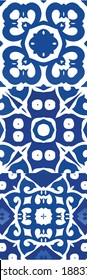 Ornamental azulejo portugal tiles decor. Bathroom design. Kit of vector seamless patterns. Blue gorgeous flower folk prints for linens, smartphone cases, scrapbooking, bags or T-shirts.