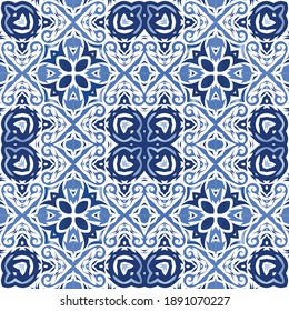 Ornamental azulejo portugal tiles decor. Vector seamless pattern template. Modern design. Blue gorgeous flower folk print for linens, smartphone cases, scrapbooking, bags or T-shirts.