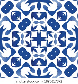 Ornamental azulejo portugal tiles decor. Vector seamless pattern flyer. Geometric design. Blue gorgeous flower folk print for linens, smartphone cases, scrapbooking, bags or T-shirts.