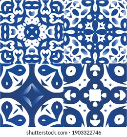 Ornamental azulejo portugal tiles decor. Kit of vector seamless patterns. Stylish design. Blue gorgeous flower folk prints for linens, smartphone cases, scrapbooking, bags or T-shirts.
