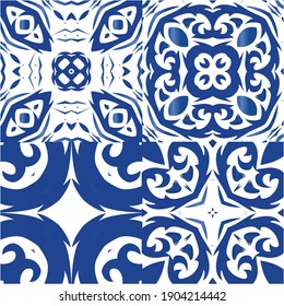 Ornamental azulejo portugal tiles decor. Stylish design. Collection of vector seamless patterns. Blue gorgeous flower folk prints for linens, smartphone cases, scrapbooking, bags or T-shirts.