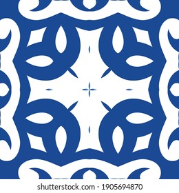 Ornamental azulejo portugal tiles decor. Bathroom design. Vector seamless pattern collage. Blue gorgeous flower folk print for linens, smartphone cases, scrapbooking, bags or T-shirts.