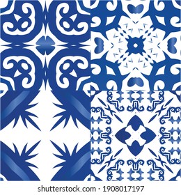 Ornamental azulejo portugal tiles decor. Collection of vector seamless patterns. Hand drawn design. Blue gorgeous flower folk prints for linens, smartphone cases, scrapbooking, bags or T-shirts.