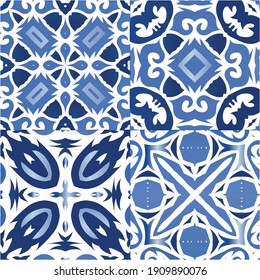 Ornamental azulejo portugal tiles decor. Universal design. Kit of vector seamless patterns. Blue gorgeous flower folk prints for linens, smartphone cases, scrapbooking, bags or T-shirts.