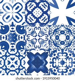 Ornamental azulejo portugal tiles decor. Collection of vector seamless patterns. Modern design. Blue gorgeous flower folk prints for linens, smartphone cases, scrapbooking, bags or T-shirts.