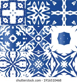 Ornamental azulejo portugal tiles decor. Set of vector seamless patterns. Creative design. Blue gorgeous flower folk prints for linens, smartphone cases, scrapbooking, bags or T-shirts.