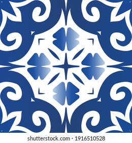 Ornamental azulejo portugal tiles decor. Geometric design. Vector seamless pattern illustration. Blue gorgeous flower folk print for linens, smartphone cases, scrapbooking, bags or T-shirts.