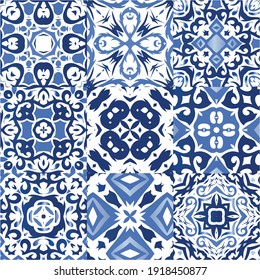 Ornamental azulejo portugal tiles decor. Minimal design. Kit of vector seamless patterns. Blue gorgeous flower folk prints for linens, smartphone cases, scrapbooking, bags or T-shirts.