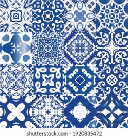 Ornamental azulejo portugal tiles decor. Kit of vector seamless patterns. Minimal design. Blue gorgeous flower folk prints for linens, smartphone cases, scrapbooking, bags or T-shirts.