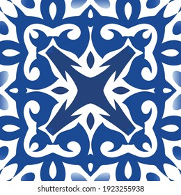 Ornamental azulejo portugal tiles decor. Creative design. Vector seamless pattern arabesque. Blue gorgeous flower folk print for linens, smartphone cases, scrapbooking, bags or T-shirts.
