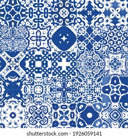 Ornamental azulejo portugal tiles decor. Kit of vector seamless patterns. Graphic design. Blue gorgeous flower folk prints for linens, smartphone cases, scrapbooking, bags or T-shirts.