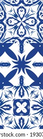 Ornamental azulejo portugal tiles decor. Kit of vector seamless patterns. Stylish design. Blue gorgeous flower folk prints for linens, smartphone cases, scrapbooking, bags or T-shirts.