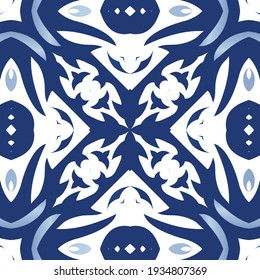 Ornamental azulejo portugal tiles decor. Geometric design. Vector seamless pattern poster. Blue gorgeous flower folk print for linens, smartphone cases, scrapbooking, bags or T-shirts.