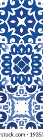 Ornamental azulejo portugal tiles decor. Collection of vector seamless patterns. Stylish design. Blue gorgeous flower folk prints for linens, smartphone cases, scrapbooking, bags or T-shirts.