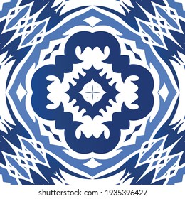 Ornamental azulejo portugal tiles decor. Vector seamless pattern collage. Geometric design. Blue gorgeous flower folk print for linens, smartphone cases, scrapbooking, bags or T-shirts.